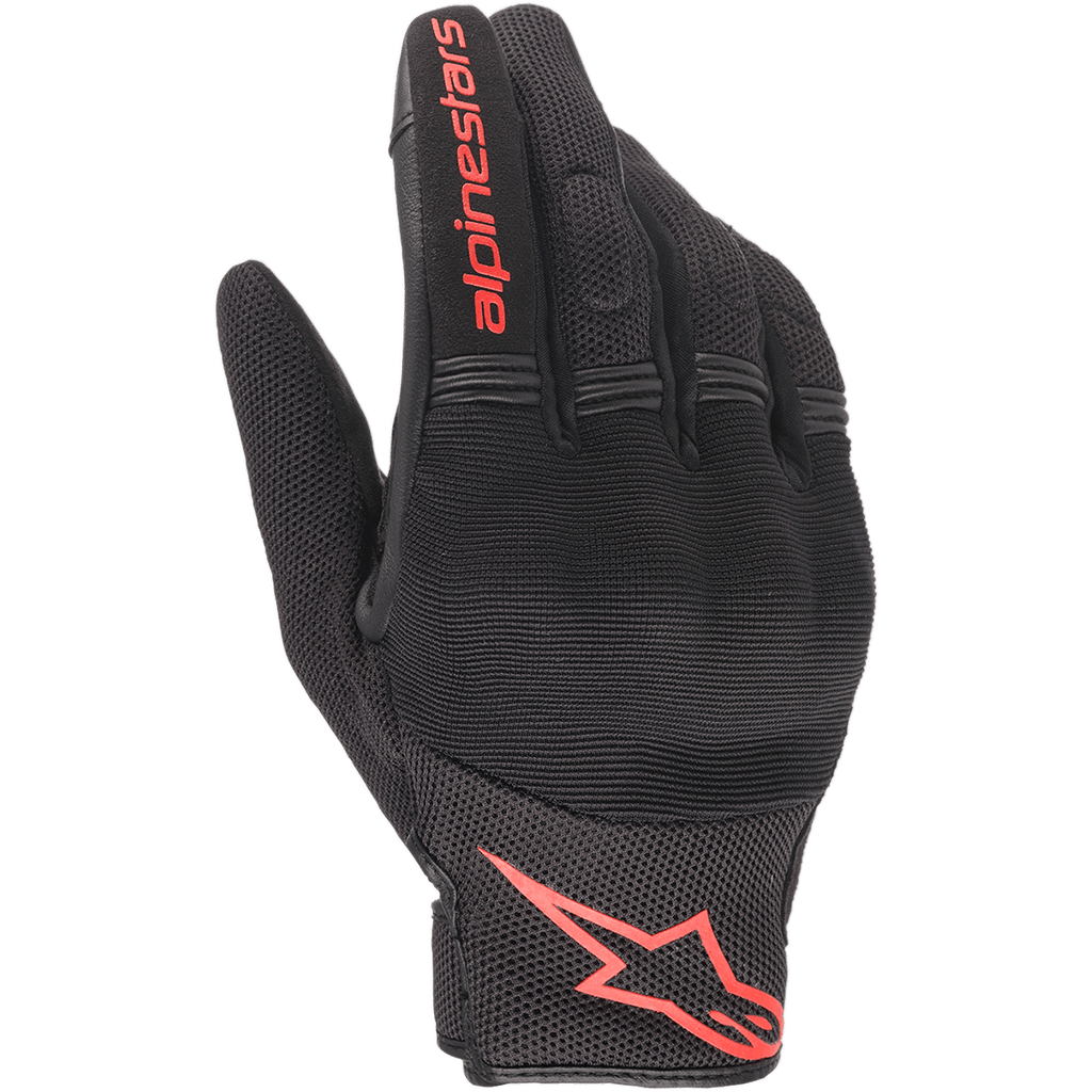 Alpinestars Copper handschoenen, stedelijke motorhandschoenen, zwart en fluo rood, voorzien van rood Astars-logo en woordmerk, mesh en spandex constructie met gewatteerde knokkels, lichtgewicht uitrusting voor woon-werkverkeer
