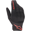 Alpinestars Copper handschoenen, stedelijke motorhandschoenen, zwart en fluo rood, voorzien van rood Astars-logo en woordmerk, mesh en spandex constructie met gewatteerde knokkels, lichtgewicht uitrusting voor woon-werkverkeer