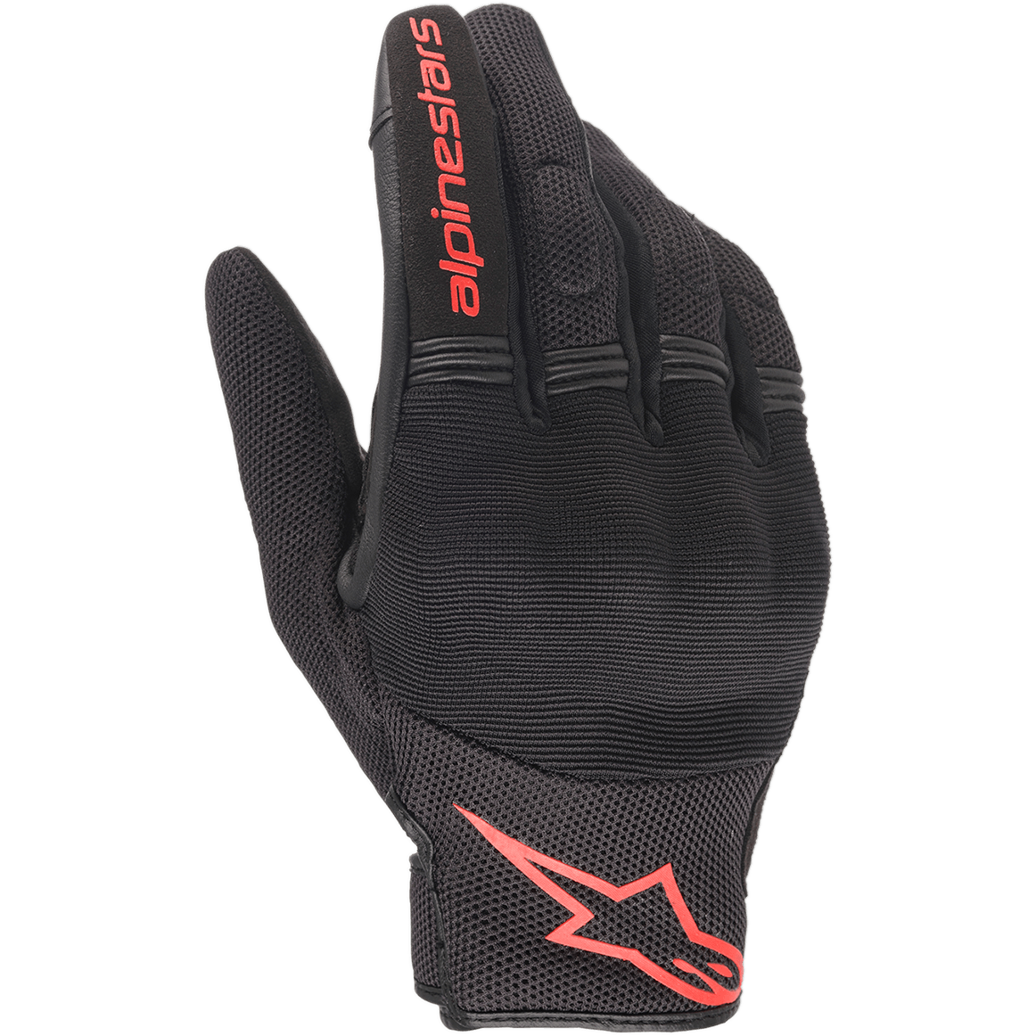 Alpinestars Copper handschoenen, stedelijke motorhandschoenen, zwart en fluo rood, voorzien van rood Astars-logo en woordmerk, mesh en spandex constructie met gewatteerde knokkels, lichtgewicht uitrusting voor woon-werkverkeer