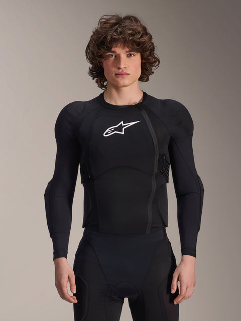Alpinestars A-Impact Plasma Protection Jacket lange mouwen, zwart motorjas met beschermende padding, unisex, witte ster logo op borst, versterkte schouders en ellebogen, strakke pasvorm, duurzaam flexibel materiaal