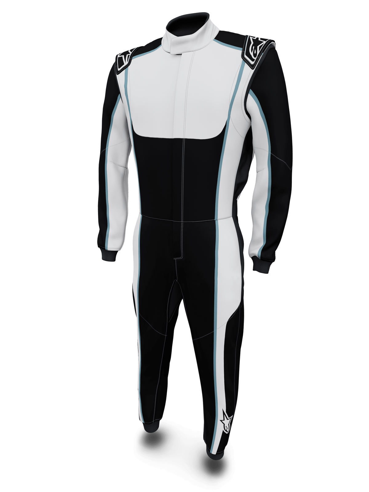 Alpinestars Tech Vision V3 Custom Suit, racepak voor motorracen, zwart en wit met lichtblauwe accenten, gladde gestroomlijnde pasvorm, professioneel raceontwerp met hoge kraag