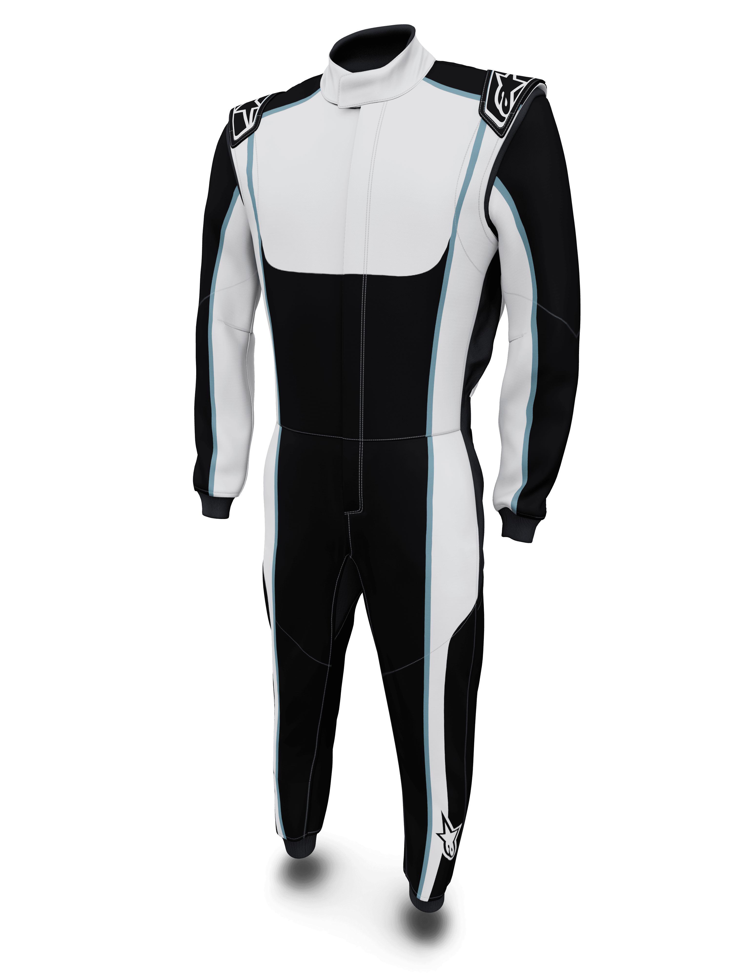 Alpinestars Tech Vision V3 maatwerkpak, zwart en wit autoracepak met blauwe accenten, FIA-gecertificeerd Nomex.
