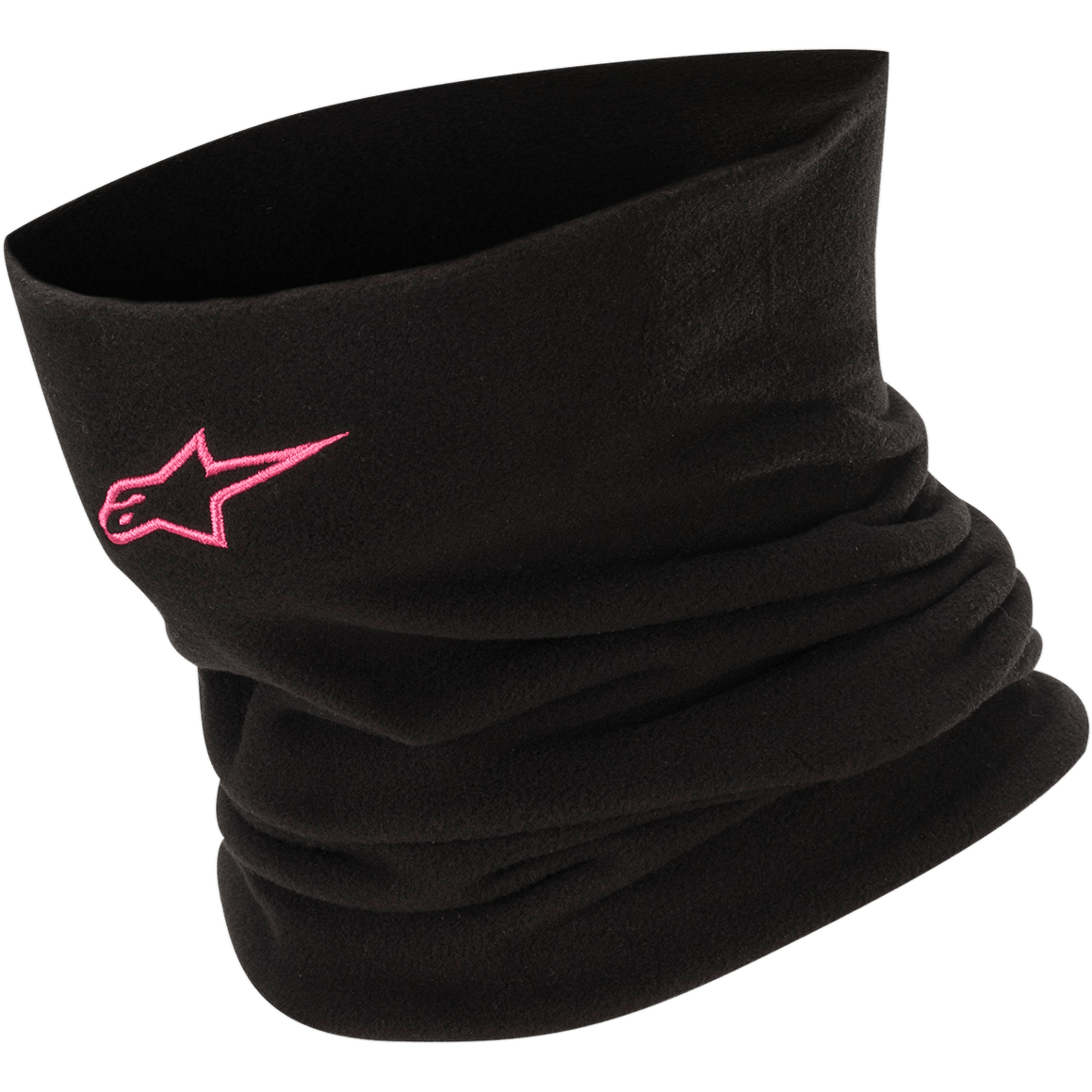 Alpinestars Neck Warmer, zwarte fleece tubulaire nekwarmer met roze sterlogo, zachte warme stof voor motorrijden bij koud weer en motorsport