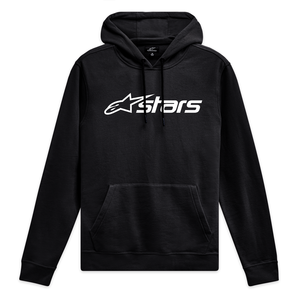 Alpinestars Blaze V3 Hoodie, zwarte hoodie met capuchon, wit Blaze 2.0 logo op de borst, kangoeroezak, casual sportswear.