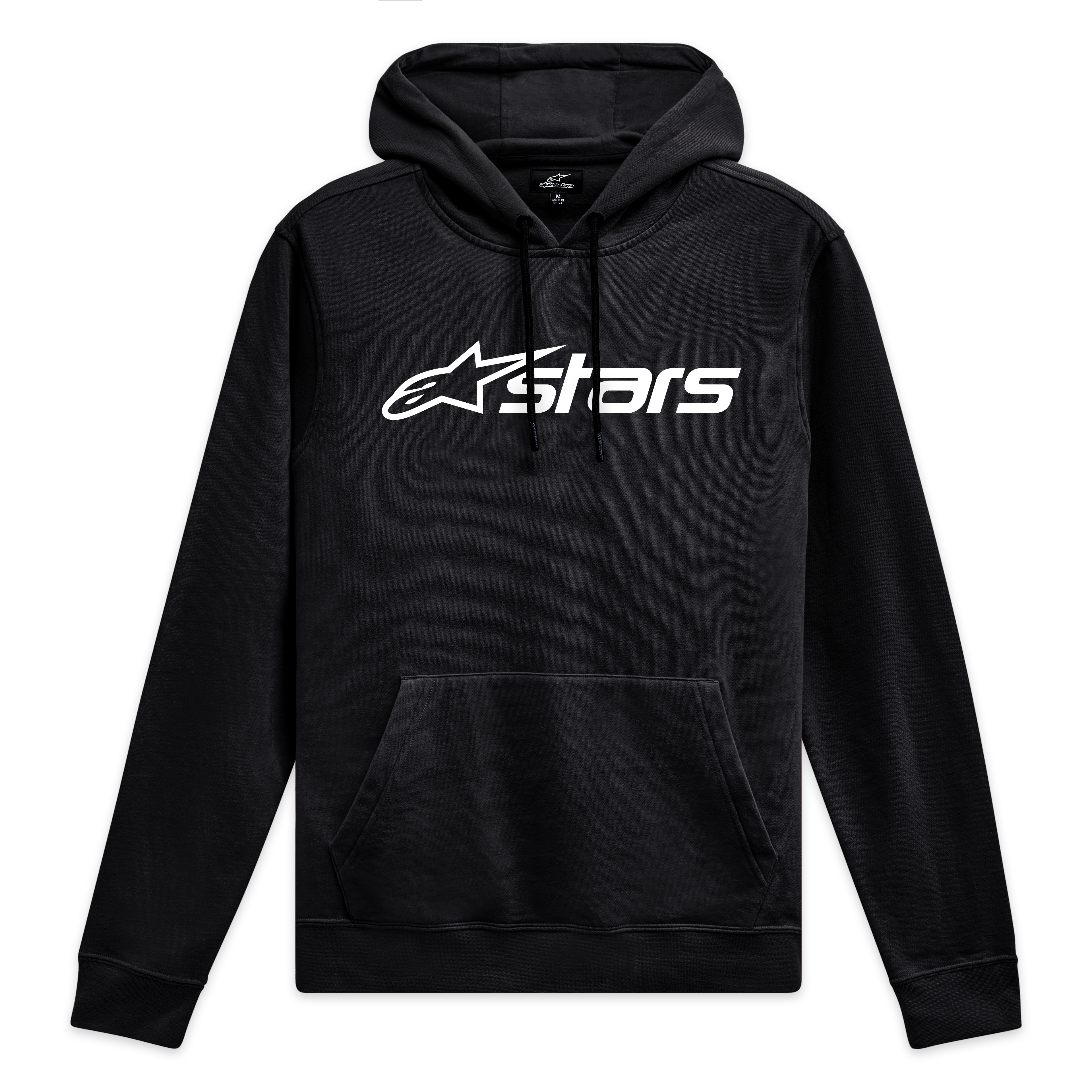 Alpinestars Blaze V3 Hoodie, zwarte hoodie met capuchon, wit Blaze 2.0 logo op de borst, kangoeroezak, casual sportswear.