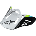 Alpinestars Supertech M8 helmvizier Contact, mat zilver en zwart, limoengroene en cyaanblauwe accenten, hoekig aerodynamisch ontwerp met zwart sterlogo, geometrische ventilatie-openingen, vervangende klep voor motorcrosshelmen