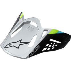 Alpinestars Supertech M8 Helmet Visor Contact, Matte Silver and Black, Lime Green and Cyan accents, angular aerodynamic design with black star logo, geometric ventilation cutouts, replacement peak for motocross helmets