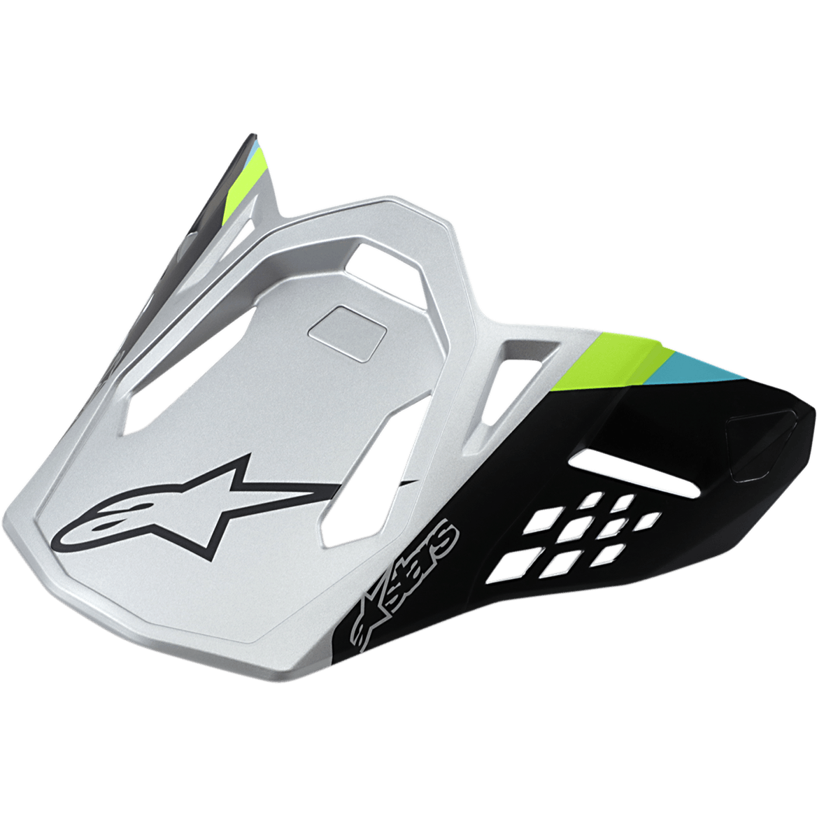 Alpinestars Supertech M8 helmvizier Contact, mat zilver en zwart, limoengroene en cyaanblauwe accenten, hoekig aerodynamisch ontwerp met zwart sterlogo, geometrische ventilatie-openingen, vervangende klep voor motorcrosshelmen