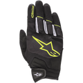 Alpinestars Atom handschoenen, lichtgewicht motorhandschoenen voor de weg, zwart en neongeel, mesh-buitenkant voor luchtstroom, groot neongeel logo op de rug van de hand, witte vingeraccenten en klittenband polsband voor stadsgebruik