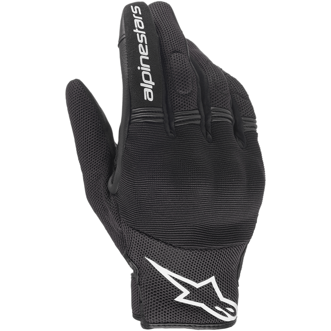Alpinestars Stella Copper dameshandschoenen, zwart-witte motorhandschoenen, urban stijl met mesh ventilatie, voorzien van een wit sterlogo op de manchet en witte tekst op de wijsvinger, lichtgewicht textielconstructie