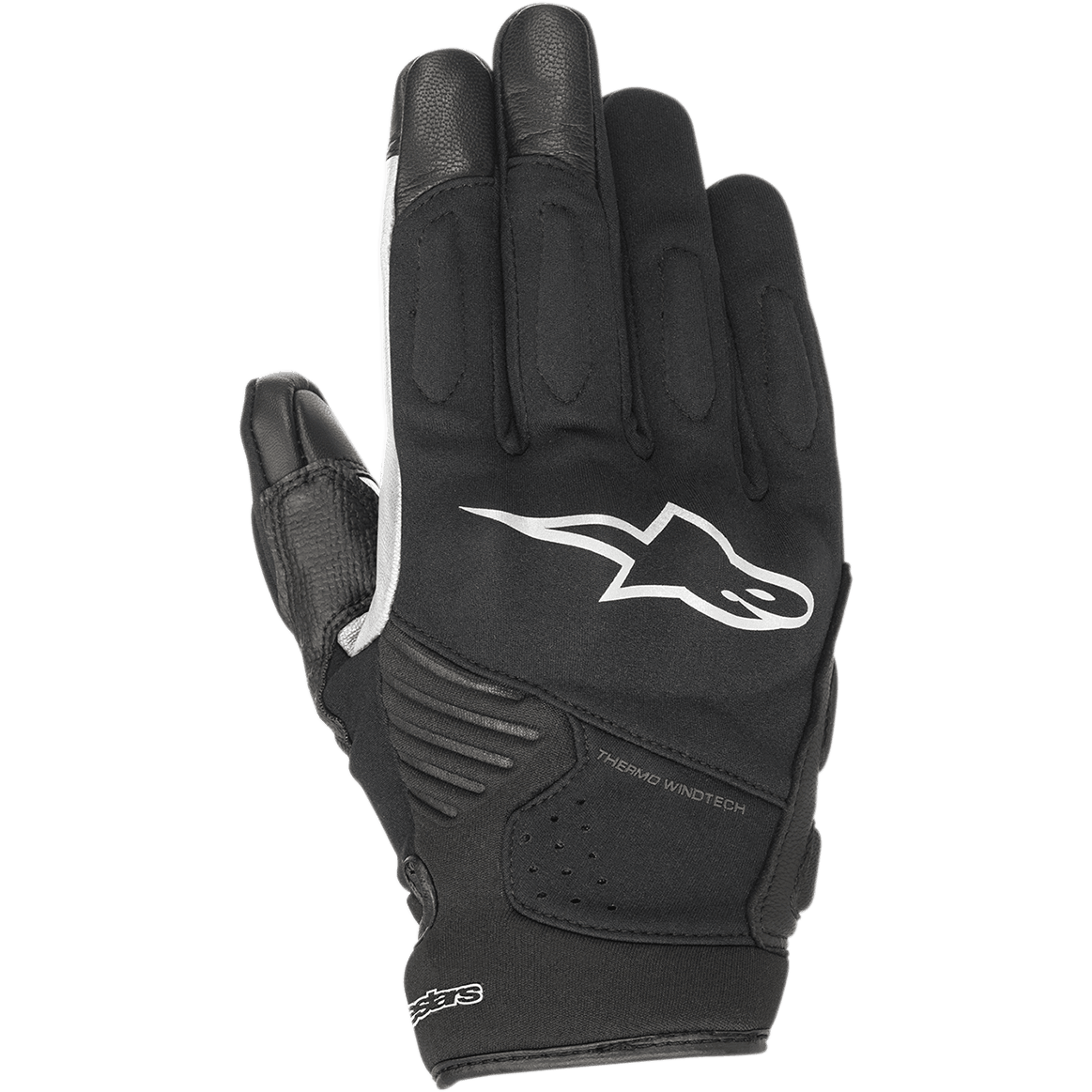 Alpinestars Faster handschoenen, zwarte motorhandschoenen met wit logo, voorzien van Thermo Windtech-technologie, gewatteerde knokkels, softshell-constructie uit diverse materialen, stedelijk ontwerp met kort manchet