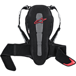 Alpinestars Nucleon Kr-2 rugbeschermer, motorfiets rugprotectie, zwart met rood sterlogo, mesh-constructie met grijs centraal paneel, verstelbare schouderbanden en tailleband, ergonomisch ontwerp met geperforeerde zijpads