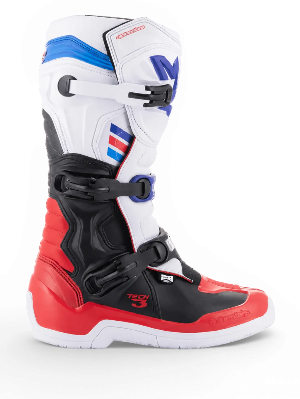 Alpinestars Tech 3 motocrosslaars, wit en felrood met donkerblauwe accenten, zwarte TPU-bescherming en sluiting met drie gespen, zijaanzicht