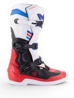 Alpinestars Tech 3 motocrosslaars, wit en felrood met donkerblauwe accenten, zwarte TPU-bescherming en sluiting met drie gespen, zijaanzicht