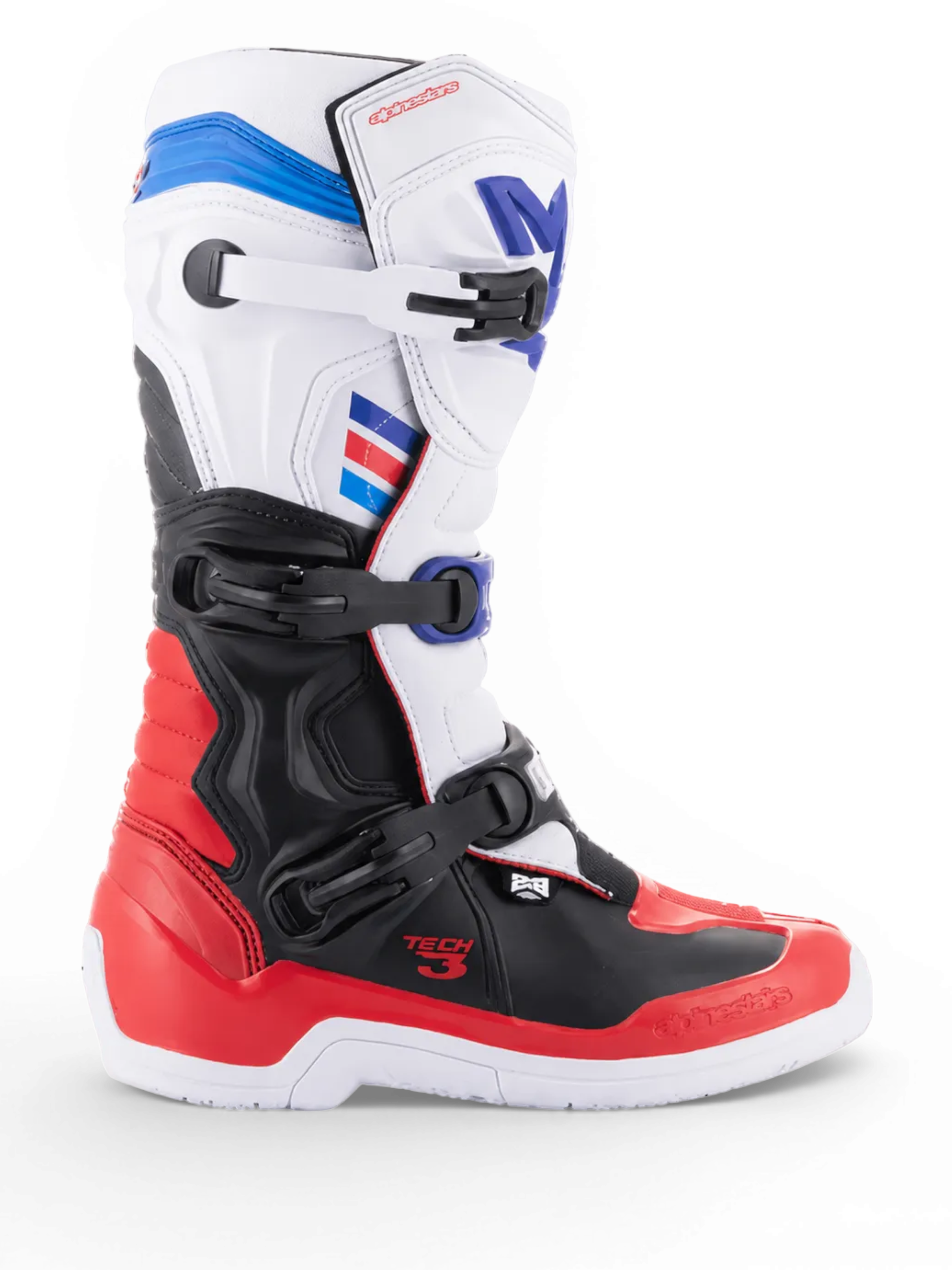 Alpinestars Tech 3 motocrosslaars, wit en felrood met donkerblauwe accenten, zwarte TPU-bescherming en sluiting met drie gespen, zijaanzicht