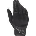 Alpinestars Stella Copper dameshandschoenen, zwarte motorhandschoenen, bovenaanzicht van de handrug met mesh en textielconstructie, voorzien van geribbelde accordeonpanelen op de vingers, Alpinestars-woordmerk op de wijsvinger en sterlogo op de pols, lichtgewicht urban ontwerp