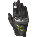 Alpinestars SMX-1 Air V2 motorhandschoenen, zwart met fluorescerend gele accenten, carbon knokkelbeschermer, constructie van mesh en geperforeerd leer voor ademend vermogen, geel Astars-logo, zilveren reflecterende details op de wijsvinger