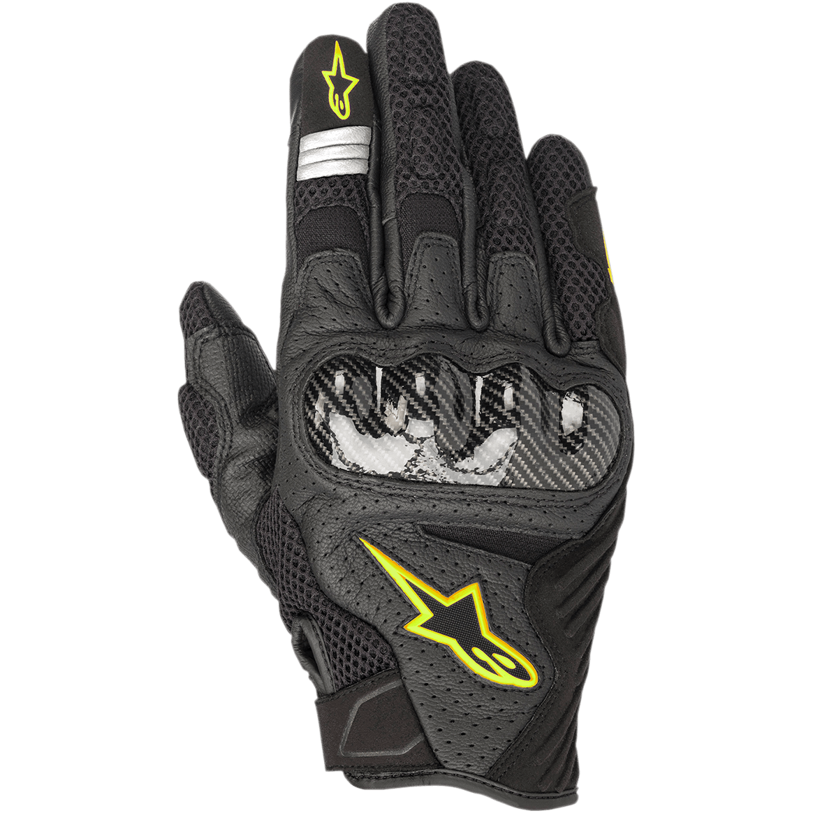 Alpinestars SMX-1 Air V2 motorhandschoenen, zwart met fluorescerend gele accenten, carbon knokkelbeschermer, constructie van mesh en geperforeerd leer voor ademend vermogen, geel Astars-logo, zilveren reflecterende details op de wijsvinger