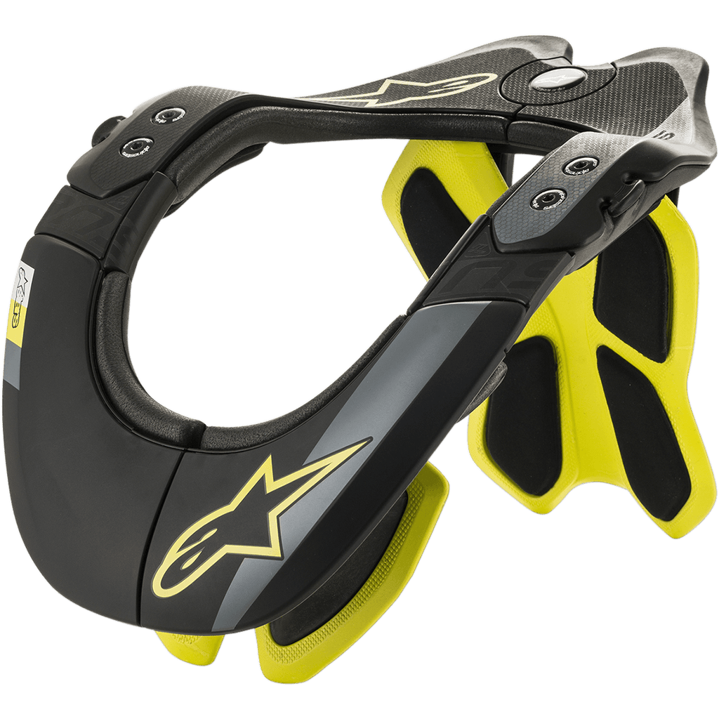 Alpinestars BNS Tech 2 nekbrace, motorcross nekbescherming, zwart en fluorescerend geel, ergonomisch carbon polymeer frame met gevoerde binnenkant, ster-logo detail, bescherming voor motorcross en off-road