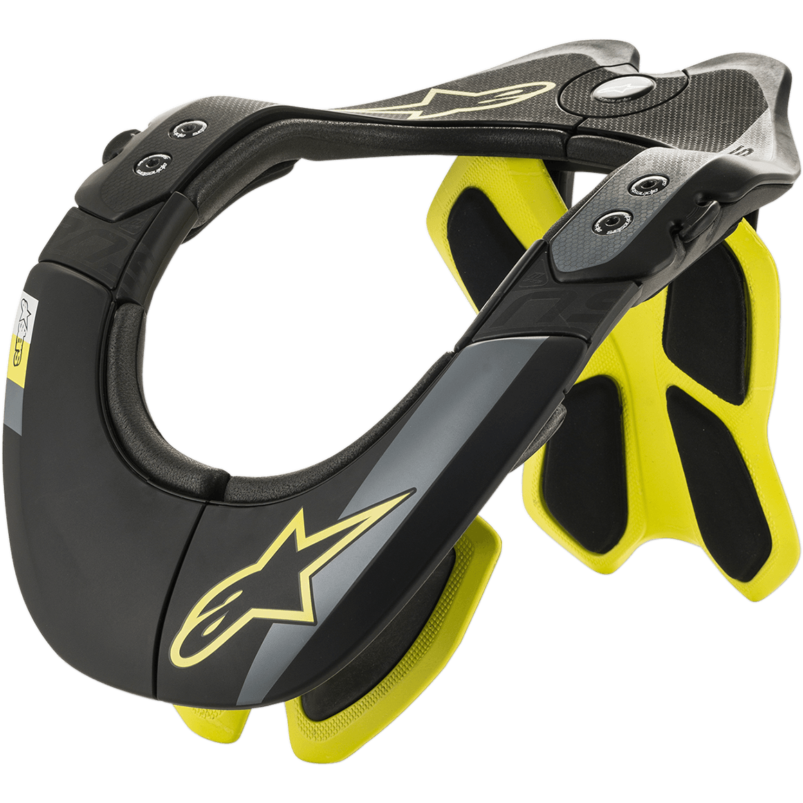 Alpinestars BNS Tech 2 nekbrace, motorcross nekbescherming, zwart en fluorescerend geel, ergonomisch carbon polymeer frame met gevoerde binnenkant, ster-logo detail, bescherming voor motorcross en off-road