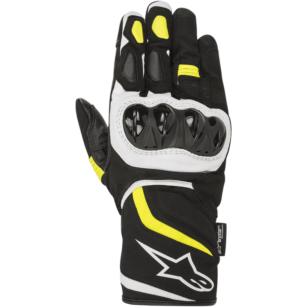 Alpinestars T-SP W Drystar® handschoenen, sportieve motorhandschoenen, zwart met geel fluo en witte accenten, harde knokkelbeschermer, middelhoge manchet met wit logo, waterdichte textiel- en softshell-constructie
