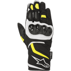 Alpinestars T-SP W Drystar® handschoenen, sportieve motorhandschoenen, zwart met geel fluo en witte accenten, harde knokkelbeschermer, middelhoge manchet met wit logo, waterdichte textiel- en softshell-constructie