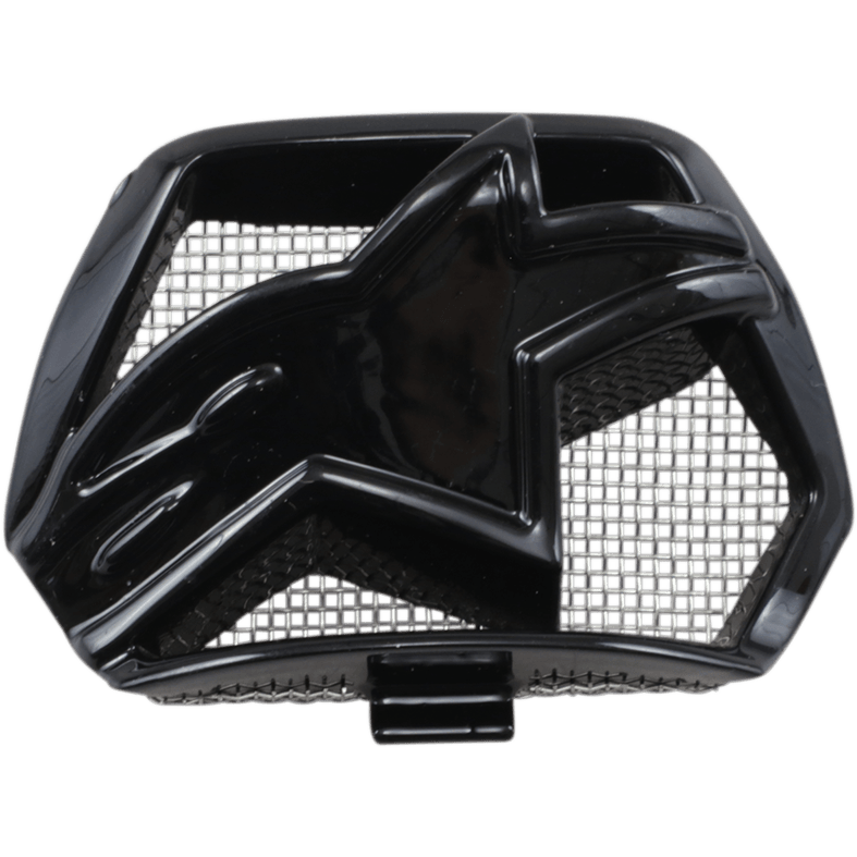 Alpinestars Supertech M10/M8 helm kinventilatie, zwart glanzend kunststof vervangingsonderdeel, voorzien van een centraal stervormig logo en intern mesh-rooster, ventilatie-accessoire voor motorcrosshelmen
