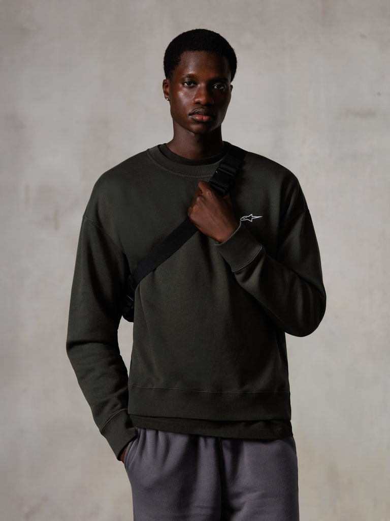 Alpinestars Essentials Ageless Crew, crewneck sweatshirt, Off Black, featuring a small white Alpinestars logo on the chest, ribbed collar and hem, casual lifestyle streetwear