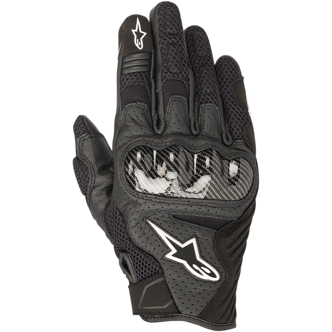 Alpinestars SMX-1 Air V2 handschoenen, zwarte motorhandschoenen, voorzien van knokkelbescherming in carbon-stijl, wit sterlogo, mesh panelen en geperforeerd leer voor ventilatie, kort manchetontwerp voor straat- en stadsgebruik.