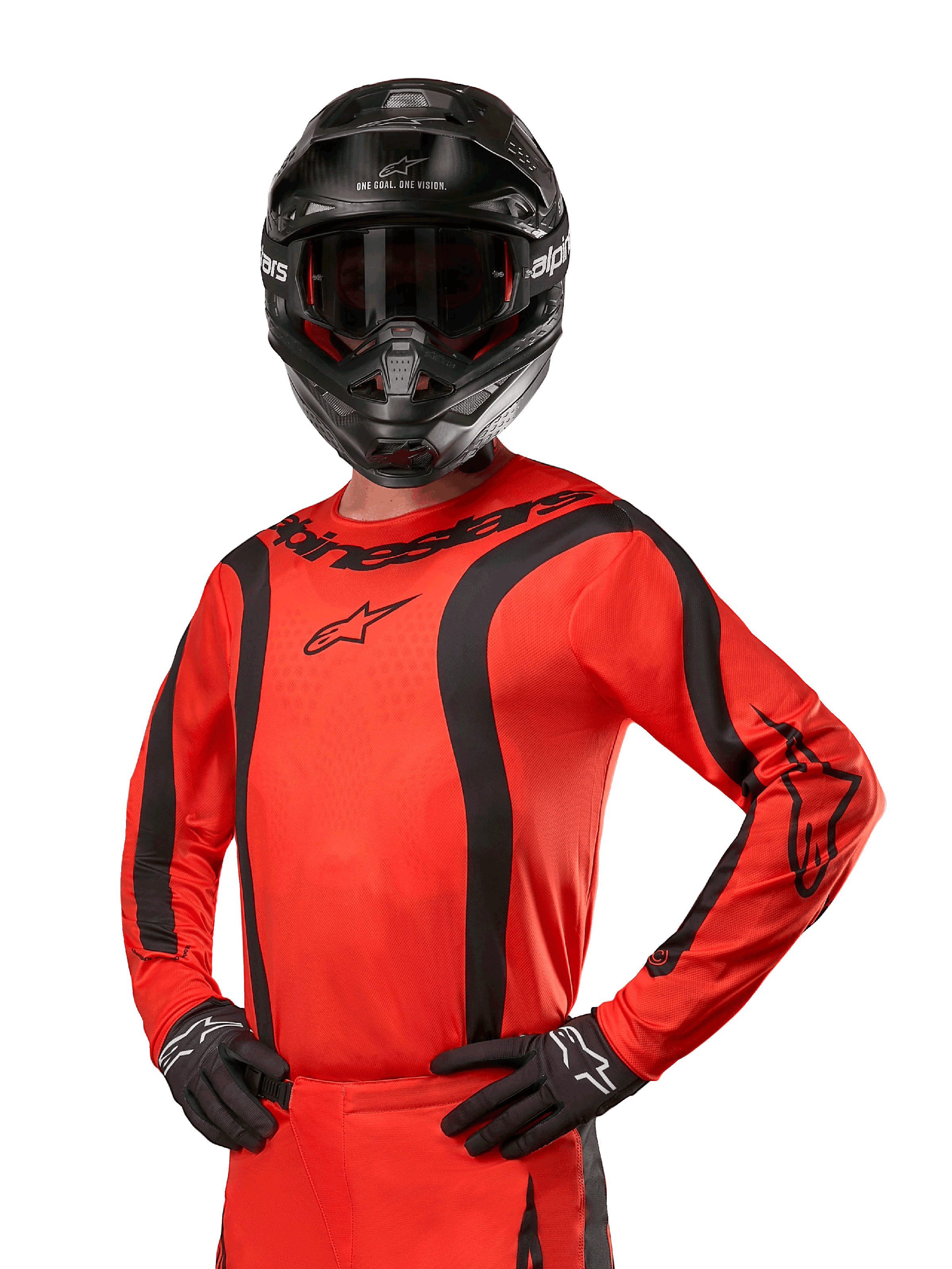 Alpinestars 2024 Fluid Lurv Jersey, motorcross shirt, feloranje en zwart, lange mouwen met gebogen zwarte strepen, Alpinestars-logo's op de borst en schouders, gedragen met zwarte helm en handschoenen, sportieve off-road uitrusting