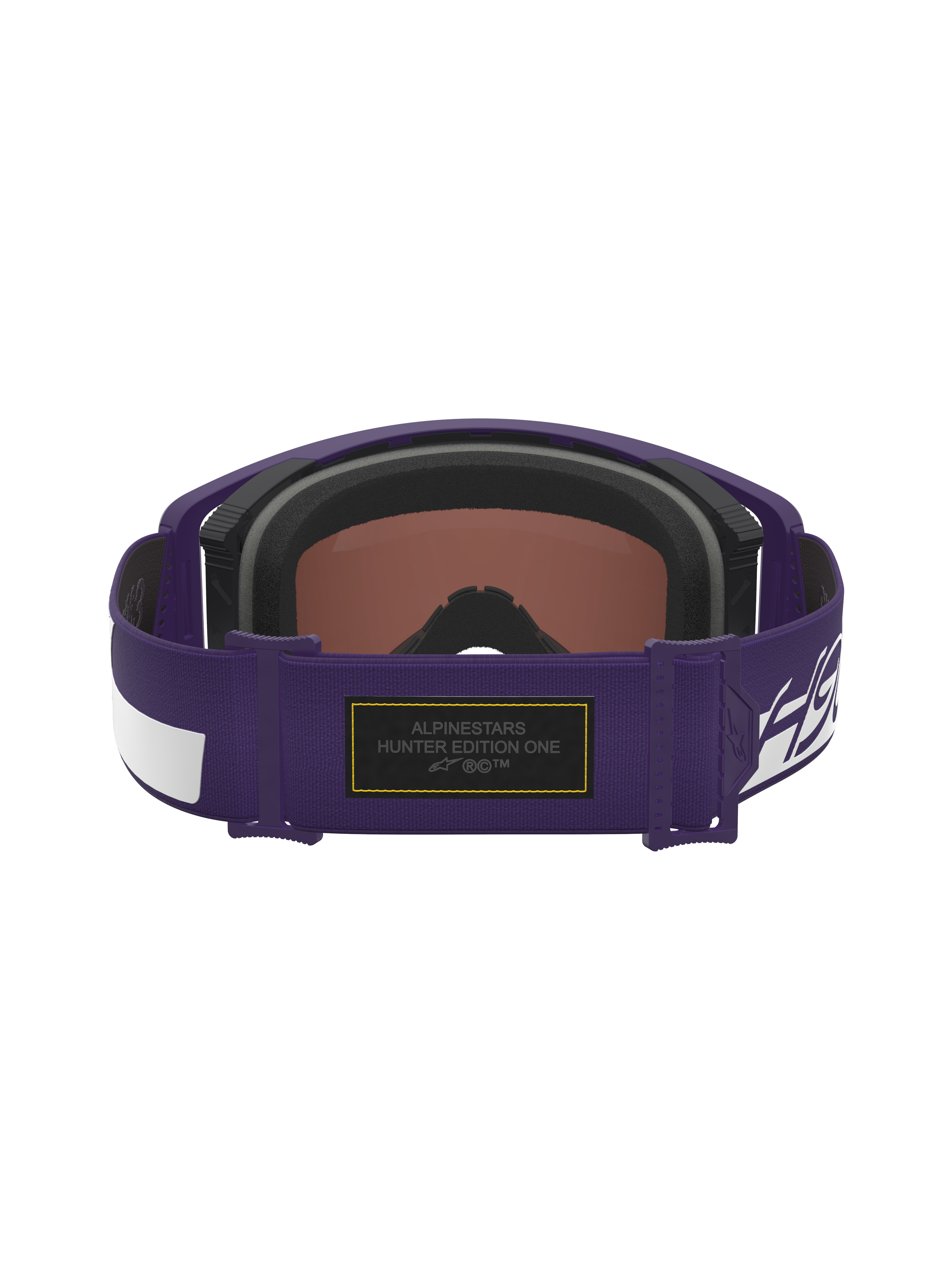 Alpinestars Limited Edition HUNTA96 XXV Supertech Vision Goggles, paars en wit, achteraanzicht van de verstelbare band met zwarte Alcantara-patch met geel contraststiksel en Hunter Edition One-branding, premium motorcrossbril geïnspireerd op de Porsche GT3RS