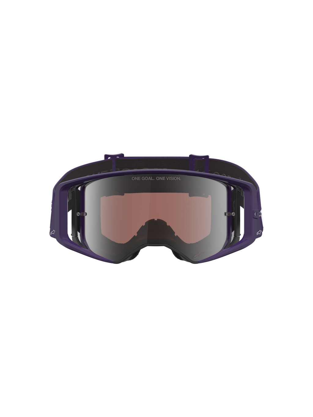 Alpinestars Limited Edition HUNTA96 XXV Supertech Vision Goggles, motorcrossbril, paars en wit met zilveren spiegelende lens, vooraanzicht met spiegelende lens en 'ONE GOAL. ONE VISION.' tekst, breed perifeer frame-ontwerp voor off-road racen