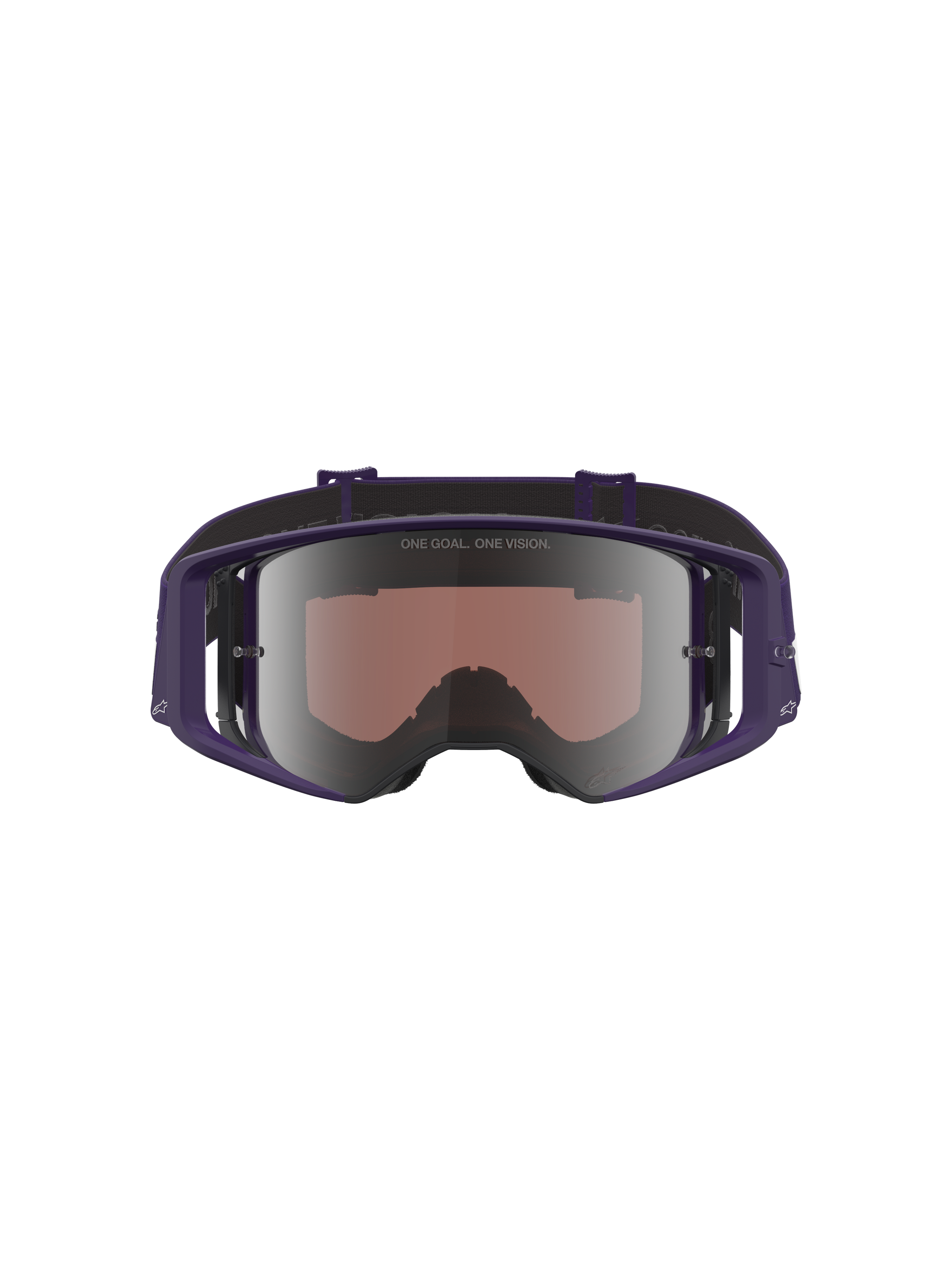Alpinestars Limited Edition HUNTA96 XXV Supertech Vision Goggles, motorcrossbril, paars en wit met zilveren spiegelende lens, vooraanzicht met spiegelende lens en 'ONE GOAL. ONE VISION.' tekst, breed perifeer frame-ontwerp voor off-road racen