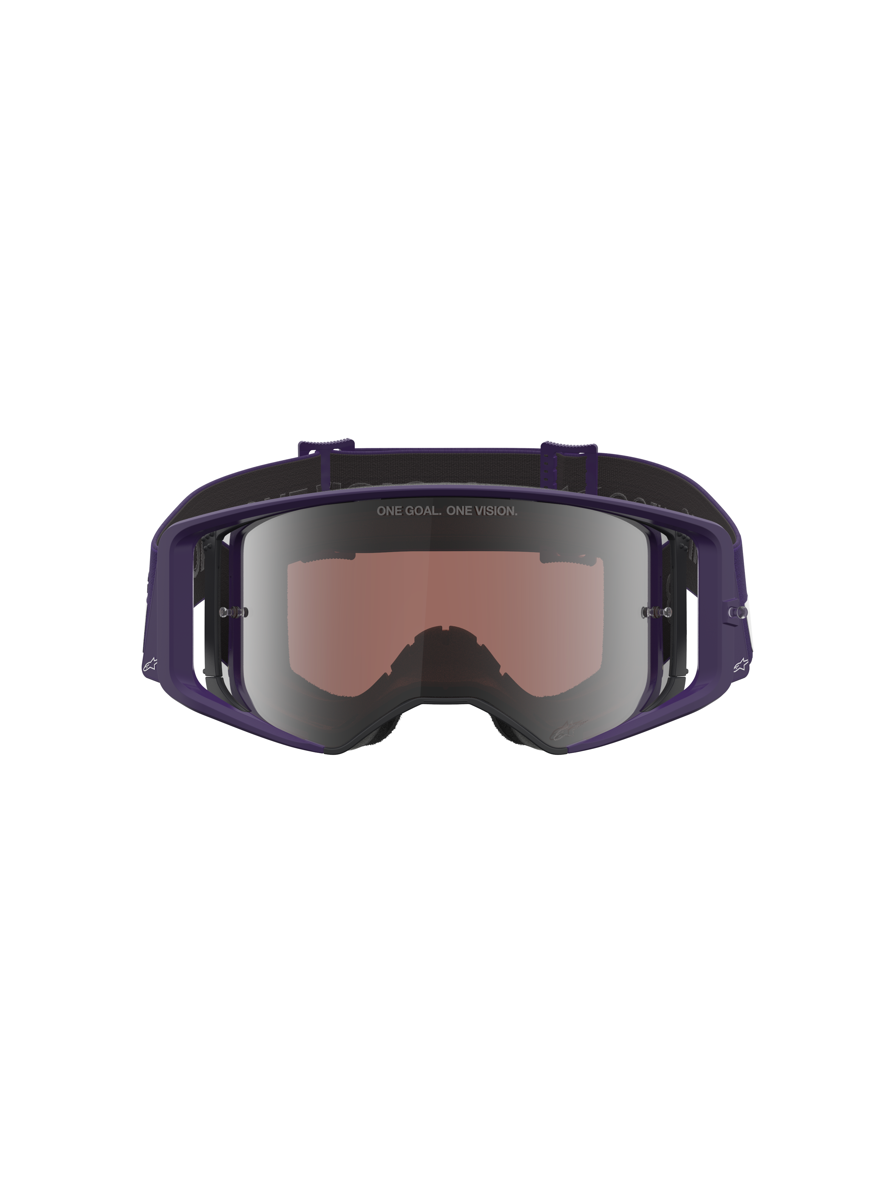 Alpinestars Limited Edition HUNTA96 XXV Supertech Vision Goggles, motorcrossbril, paars en wit met zilveren spiegelende lens, vooraanzicht met spiegelende lens en 'ONE GOAL. ONE VISION.' tekst, breed perifeer frame-ontwerp voor off-road racen