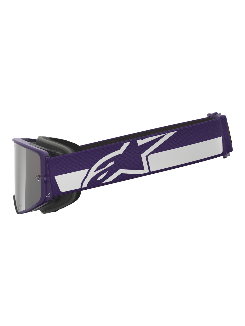 Alpinestars Limited Edition HUNTA96 XXV Supertech Vision Goggles, motocrossbril, paars en wit, zijaanzicht met brede paarse band met wit Alpinestars sterlogo en streep, zilveren spiegelglas, hoogwaardige off-road eyewear