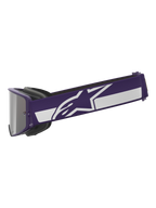 Alpinestars Limited Edition HUNTA96 XXV Supertech Vision Goggles, motocrossbril, paars en wit, zijaanzicht met brede paarse band met wit Alpinestars sterlogo en streep, zilveren spiegelglas, hoogwaardige off-road eyewear