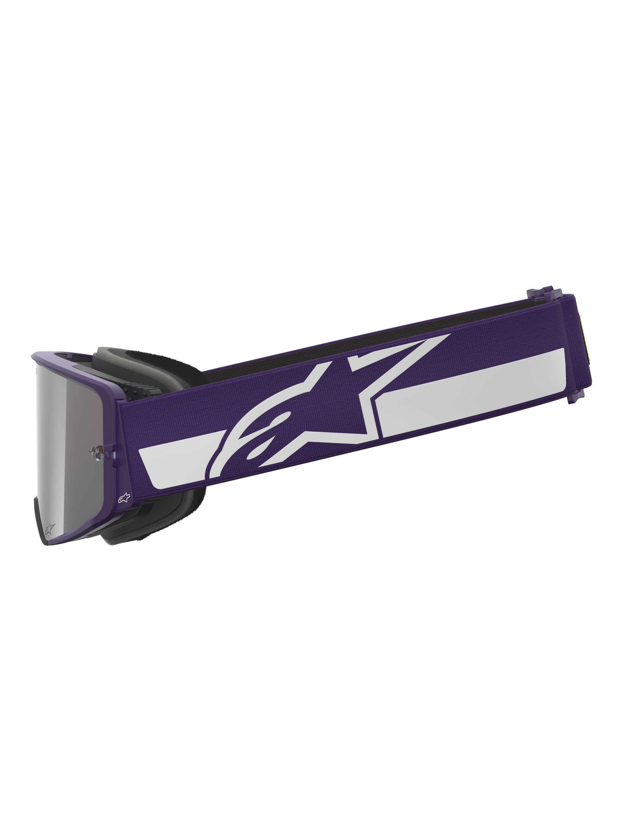 Alpinestars Limited Edition HUNTA96 XXV Supertech Vision Goggles, motocrossbril, paars en wit, zijaanzicht met brede paarse band met wit Alpinestars sterlogo en streep, zilveren spiegelglas, hoogwaardige off-road eyewear