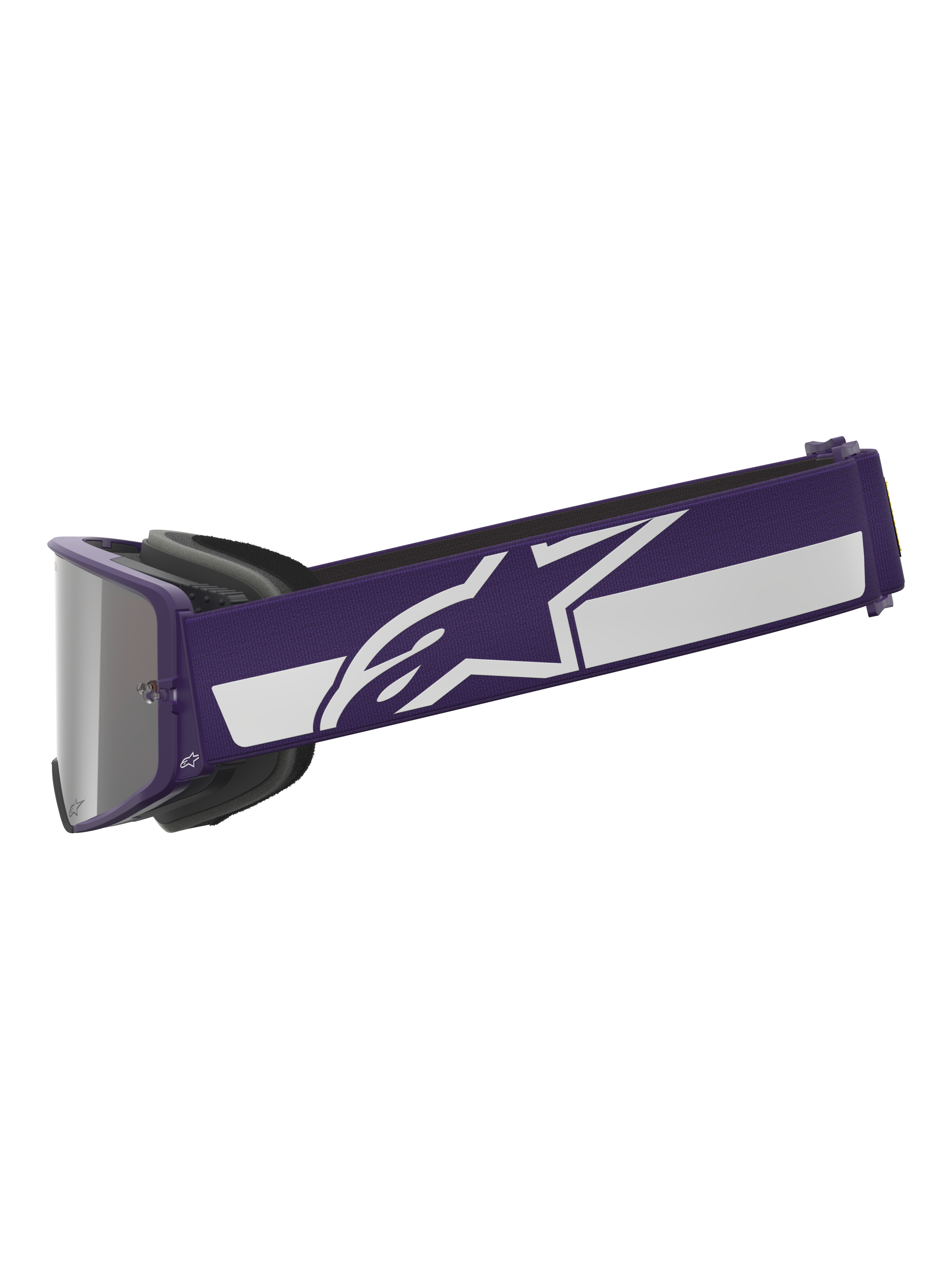 Alpinestars Limited Edition HUNTA96 XXV Supertech Vision Goggles, motocrossbril, paars en wit, zijaanzicht met brede paarse band met wit Alpinestars sterlogo en streep, zilveren spiegelglas, hoogwaardige off-road eyewear