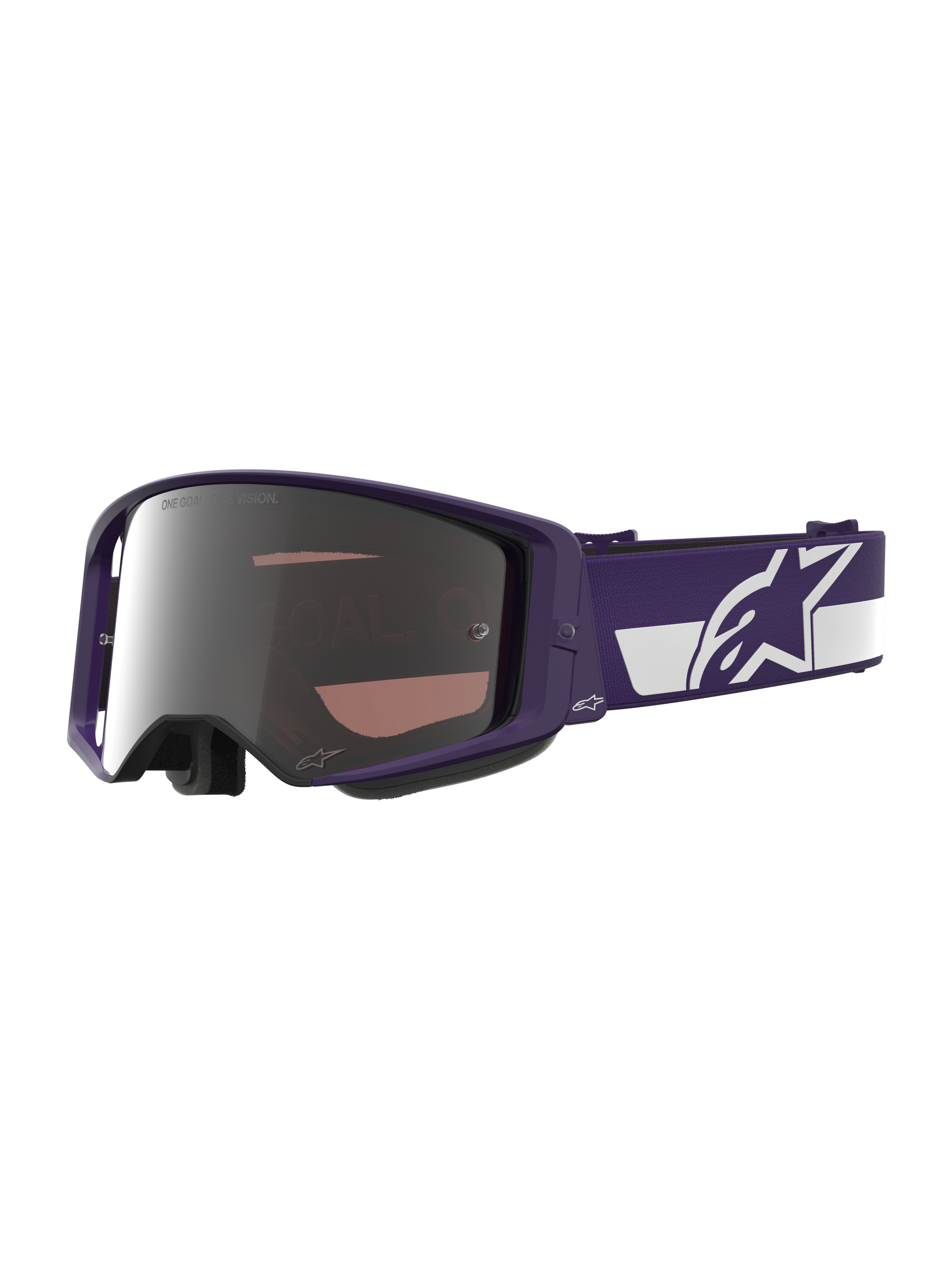 Alpinestars Limited Edition HUNTA96 XXV Supertech Vision Goggles, motocrossbril, paars en wit met zilveren spiegelglas, voorzien van de tekst "ONE GOAL. ONE VISION." op de lens, brede verstelbare band met prominent Alpinestars-logo, hoogwaardige beschermende eyewear voor off-road racen