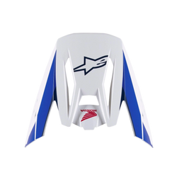 Alpinestars Honda S-M5 vizier, vervangend helmvizier, wit, blauw en rood met glanzende afwerking, blauwe zijpanelen met donkerblauwe Alpinestars en rode Honda-logo's, motorcross helmaccessoire