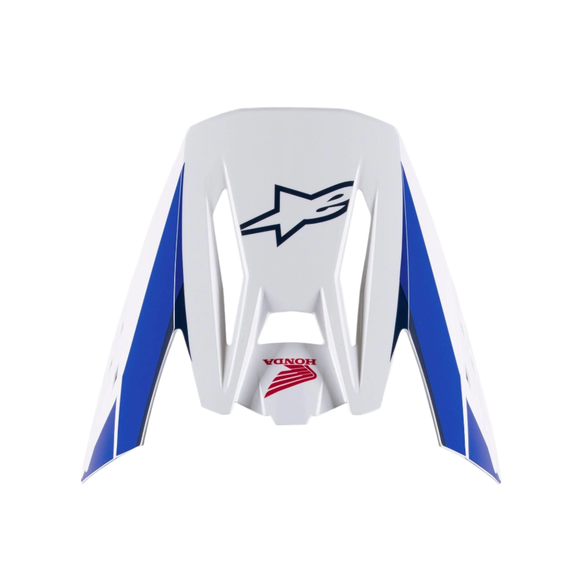 Alpinestars Honda S-M5 vizier, vervangend helmvizier, wit, blauw en rood met glanzende afwerking, blauwe zijpanelen met donkerblauwe Alpinestars en rode Honda-logo's, motorcross helmaccessoire