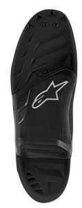 Alpinestars Tech 7-zool, vervangende zool voor motorcrosslaarzen, zwarte rubberen constructie, voorzien van profielpatronen met textuur, Alpinestars-logo en ster-embleem, met de tekst 'REPLACEABLE INSERT' op het middengedeelte.