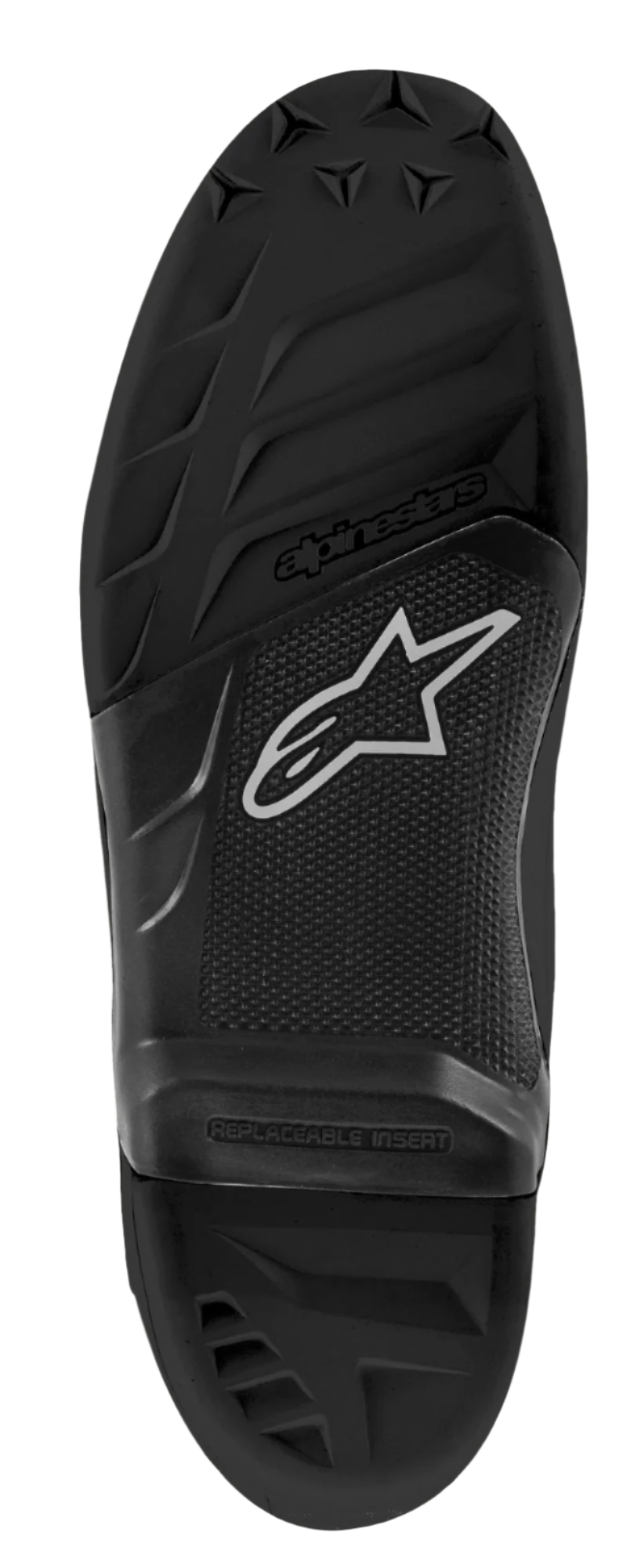 Alpinestars Tech 7-zool, vervangende zool voor motorcrosslaarzen, zwarte rubberen constructie, voorzien van profielpatronen met textuur, Alpinestars-logo en ster-embleem, met de tekst 'REPLACEABLE INSERT' op het middengedeelte.