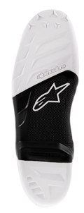 Alpinestars Tech 7 Zool, vervangende motorcrosslaarszool, wit en zwart, voorzien van een getextureerd gripoppervlak, Alpinestars-logo en een vervangbaar middenstuk voor off-road rijprestaties