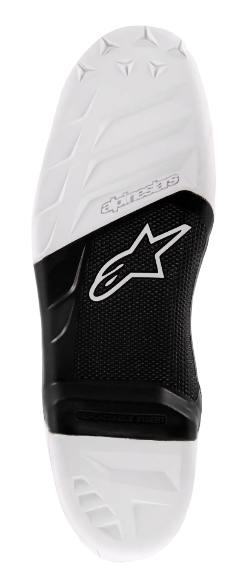 Alpinestars Tech 7 Zool, vervangende motorcrosslaarszool, wit en zwart, voorzien van een getextureerd gripoppervlak, Alpinestars-logo en een vervangbaar middenstuk voor off-road rijprestaties