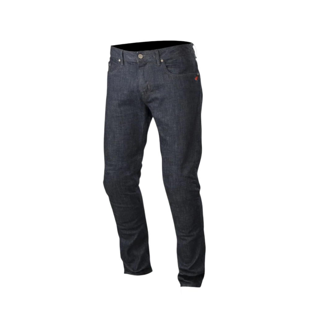 Alpinestars Copper Denim broek, motorjeans, donkerblauw, standaard rechte pasvorm met voorgevormde beenconstructie, voorzien van een klein rood logo op het muntzakje, klassiek vijf-zakken ontwerp voor stedelijk woon-werkverkeer