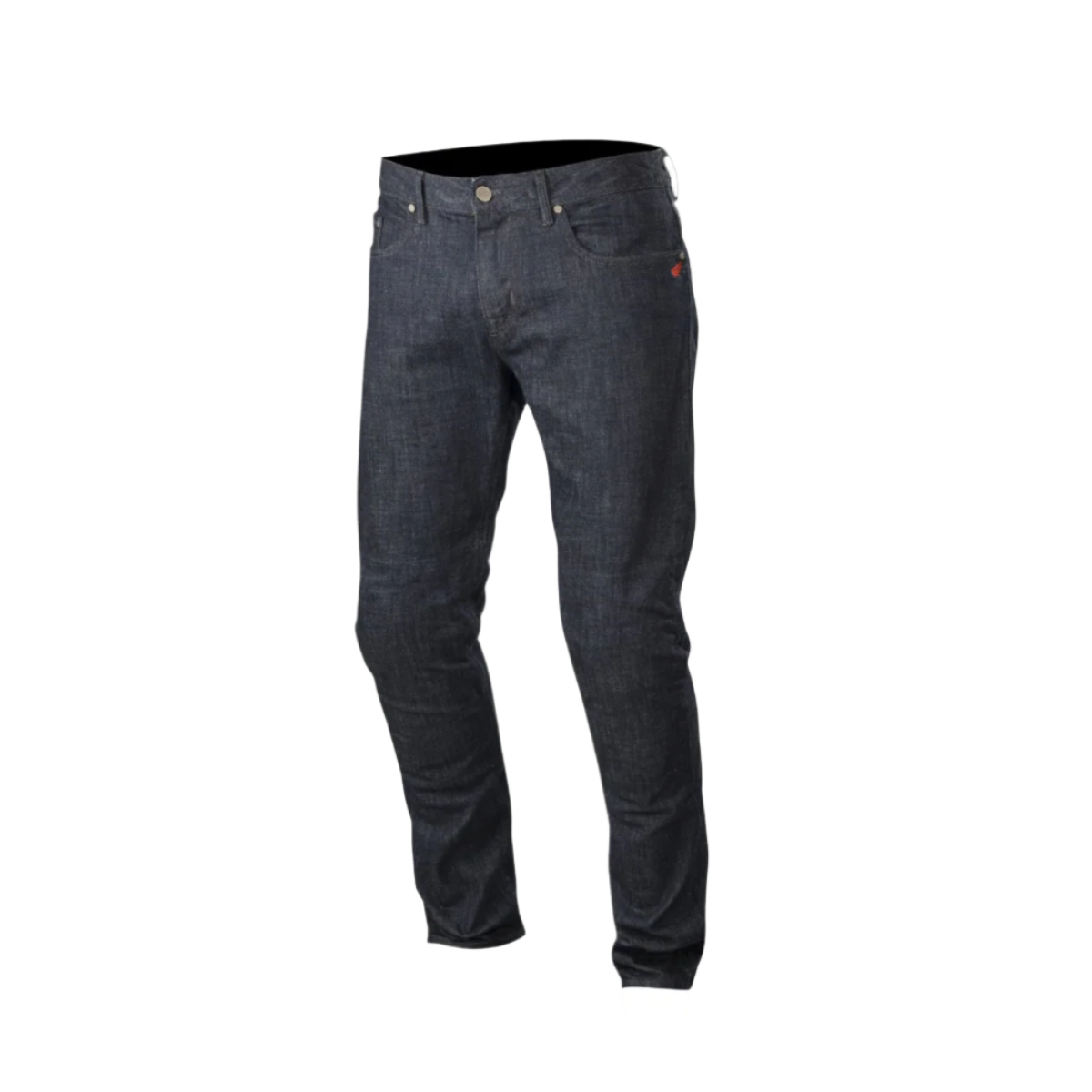 Alpinestars Copper Denim broek, motorjeans, donkerblauw, standaard rechte pasvorm met voorgevormde beenconstructie, voorzien van een klein rood logo op het muntzakje, klassiek vijf-zakken ontwerp voor stedelijk woon-werkverkeer