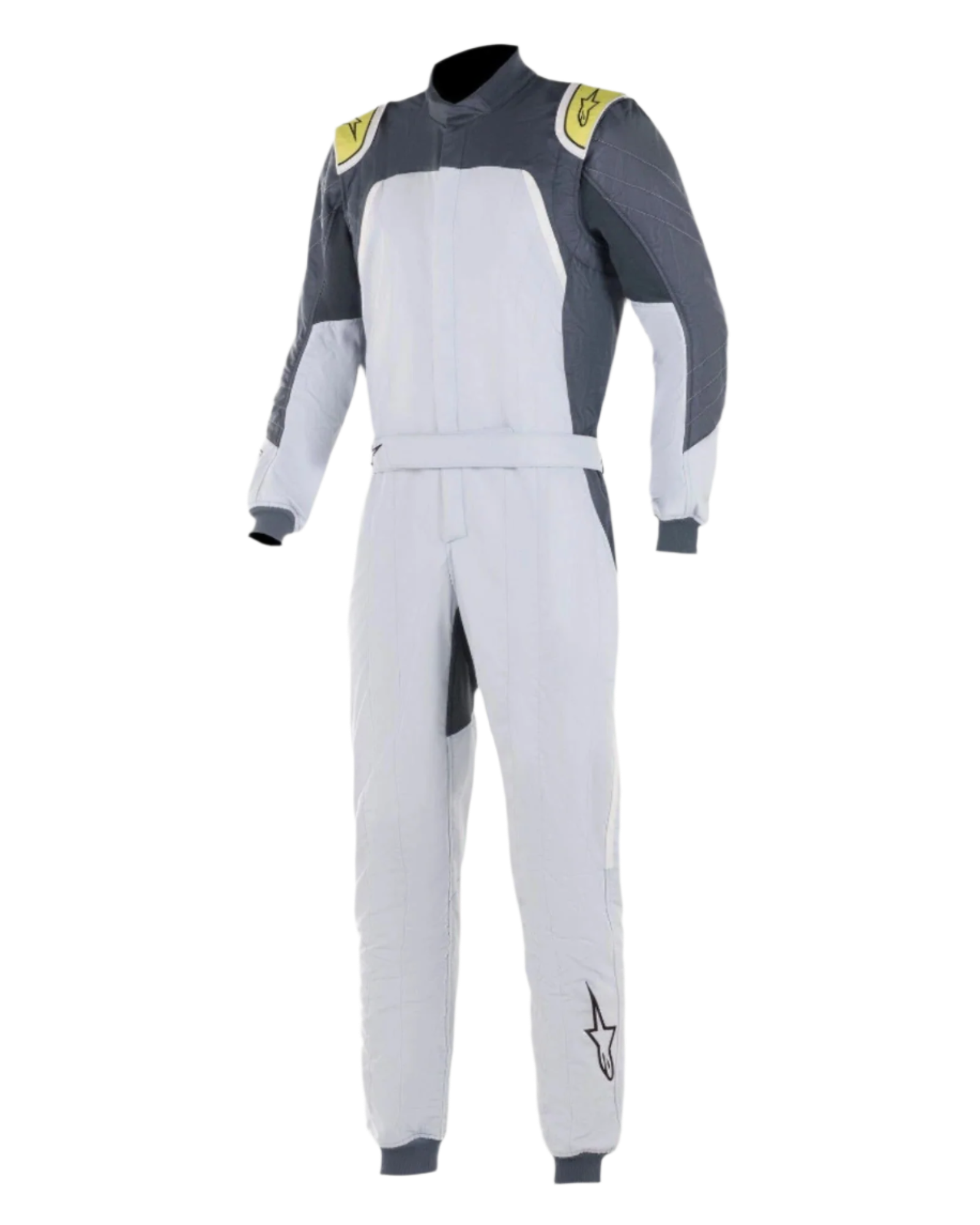 Alpinestars GP Pro Comp Pak, professioneel autoracepak, Silver Blue Asphalt Lime, lichtzilveren body met donkergrijze schouderpanelen en limegroene accenten, taille met riem en geribbelde manchetten, FIA-gecertificeerde drielaagse constructie voor autosportprestaties