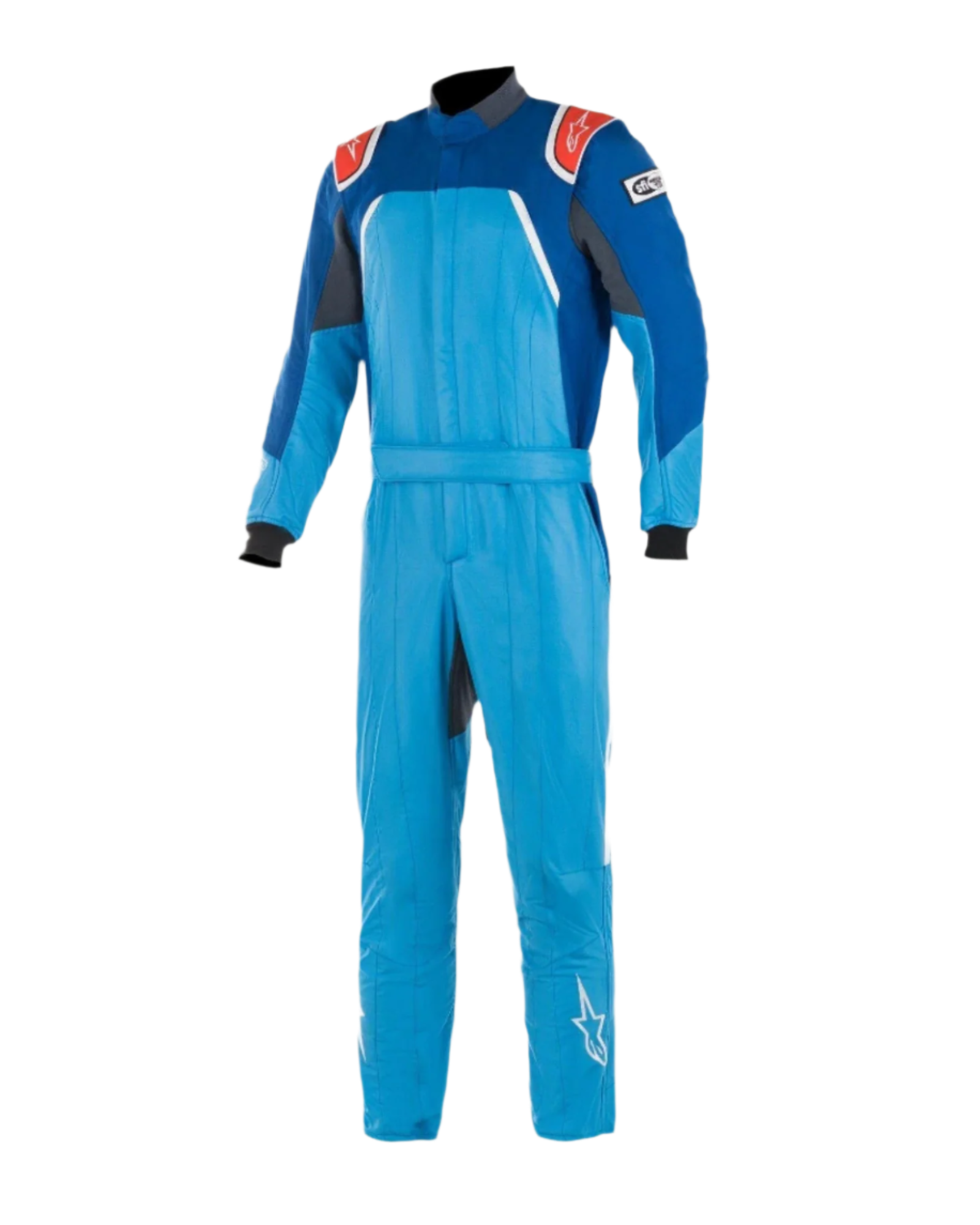 Alpinestars GP Pro Comp Bootcut Suit FIA, autoracepak, kobaltblauw en koningsblauw met rode accenten, rode schouder-epauletten met witte logo's, zwarte polsmanchetten en bootcut-pijpen, meerlaagse aramideconstructie voor circuitracen