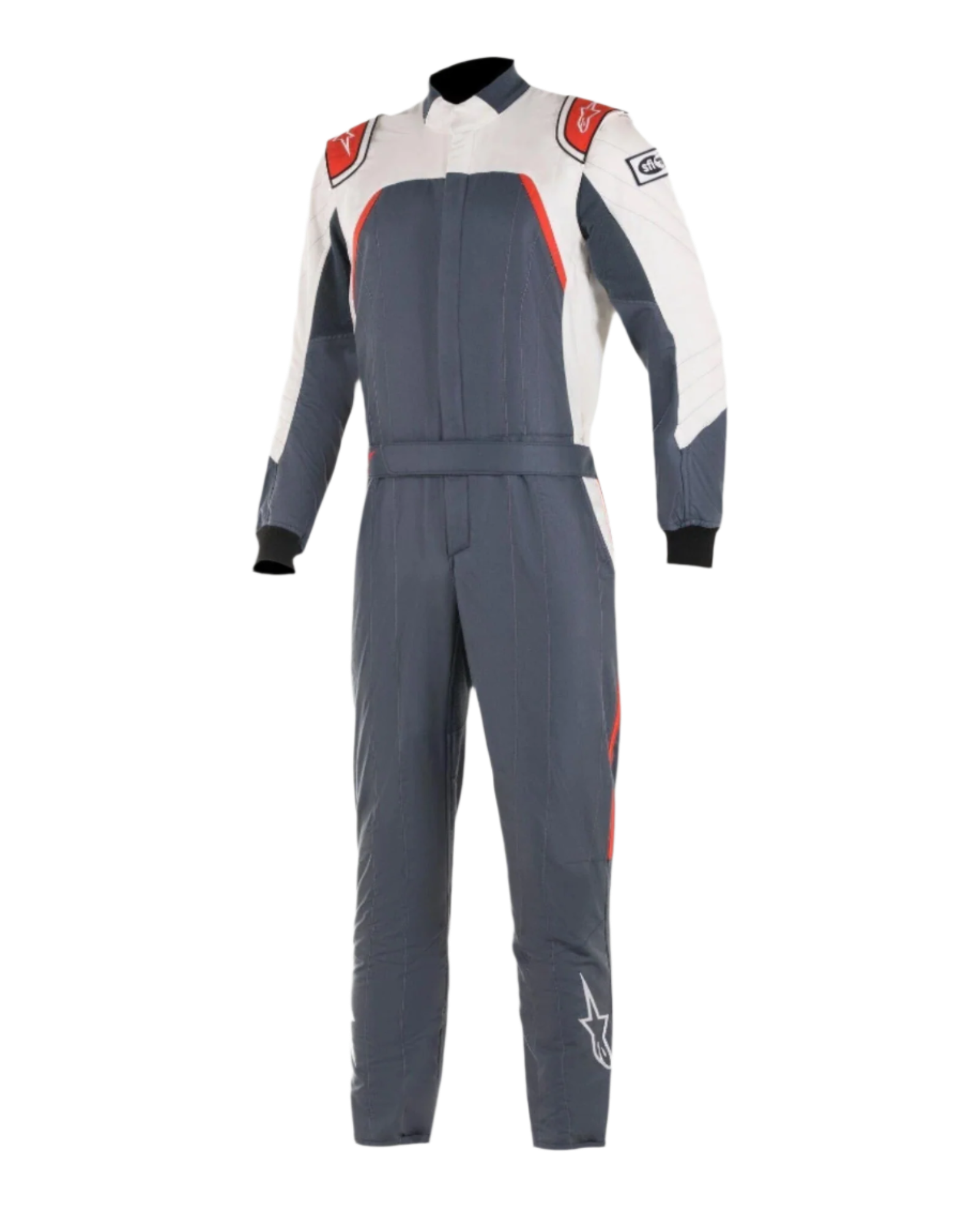 Alpinestars GP Pro Comp Bootcut Suit FIA, autoracepak, asfalt, wit en rood, eendelig motorsportpak met witte bovenborst en mouwen, rode schouderaccenten, donkergrijs asfalt lijf en bootcut-pijpen.